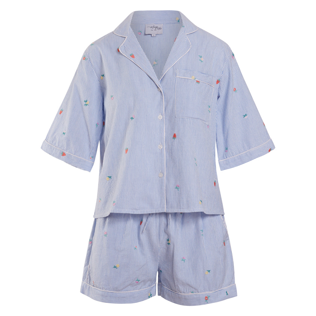 Embroidered Pinstripe Cotton Boxer PJ Sets