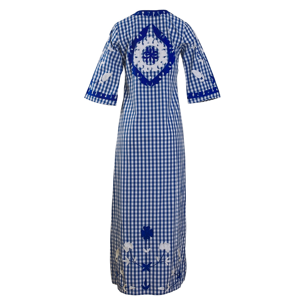 Resort - Suzani Embroidered Gingham Maxi Caftan Dress