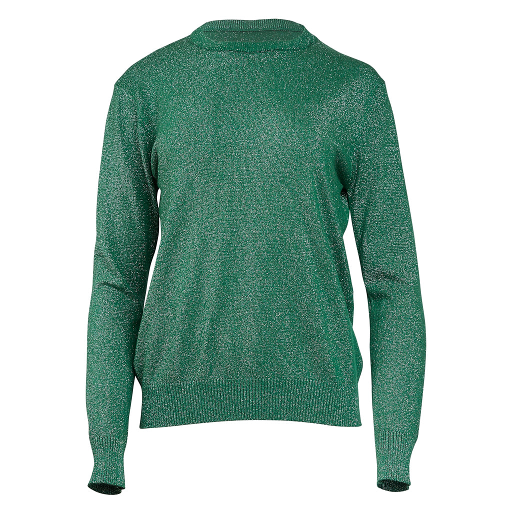 Crew Neck Green Metallic Lurex Knit Sweater